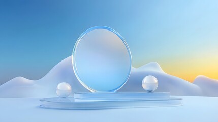 Poster - A captivating minimalist and futuristic setting featuring glossy glass like orbs resting on a refined multi level platform set against a deep blue atmospheric background with soft glowing highlights
