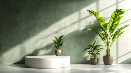Aufkleber - Beautifully arranged minimalist product showcase setting with a pristine white circular podium softly lit potted plants