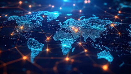 Fototapete - Global network connection, digital world map, data flow, futuristic background, website banner