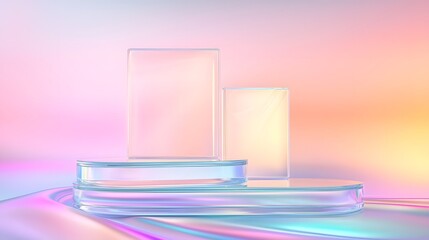 Aufkleber - Mesmerizing abstract composition featuring an empty showcase stage with three sleek glass podiums floating in a pastel iridescent environment