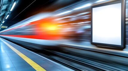 Fototapete - High speed subway train rushing through a station platform creating a stunning abstract motion blur effect with an empty illuminated advertising space on the wall