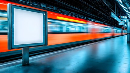 Aufkleber - Blurred high speed train zooming through a dimly lit abstract urban subway station with a sense of energy and movement featuring an unoccupied advertisement board in the background