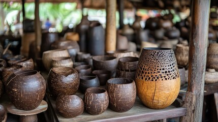 Wall Mural - A collection of coconut shell crafts, including utensils, planters, and decorative pieces, showcased in a rustic market