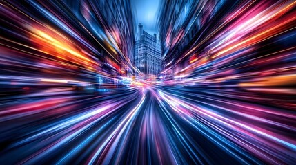 Aufkleber - A surreal cyberpunk inspired street with vibrant neon signs dynamic light streaks from rapid traffic movement