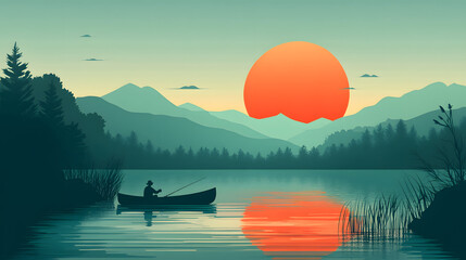 Aufkleber - A serene landscape featuring a lone fisherman in a canoe on tranquil waters, with a vibrant sunset casting reflections against the mountains
