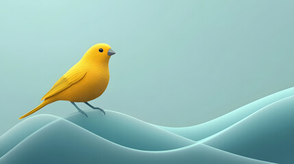 Poster - A bright yellow bird stands on soft, wavy textures, creating a serene and minimalist aesthetic against a soothing blue background