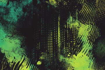 Poster - Bold black and green grunge halftone texture with futuristic dots ideal for vibrant digital artwork and innovative projects featuring cyberpunk aesthetics