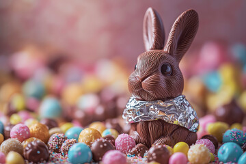 Easter Bunny Chocolate Surrounded by Colorful Candies