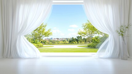 Poster - An open window with flowing white curtains overlooking a serene garden, peaceful ambiance