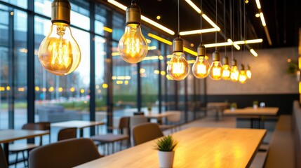 Poster - Softly lit hanging Edison bulbs in a vintage industrial interior, warm atmosphere