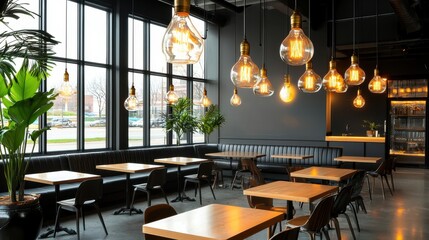 Poster - Softly lit hanging Edison bulbs in a vintage industrial interior, warm atmosphere