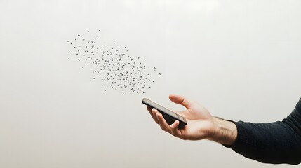 man holding smartphone with data disappearing