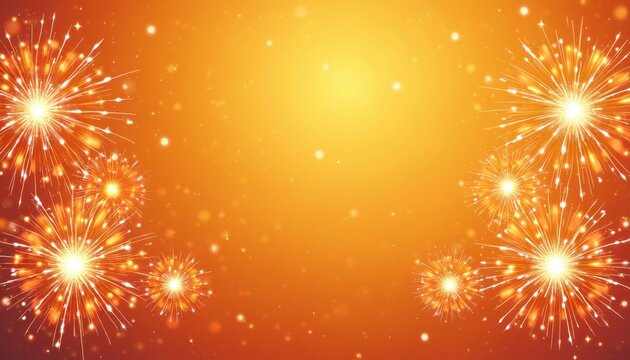 Fun orange background with burst of vibrant fireworks creating celebratory scene. Light beams radiate shining glow effect. Great template for poster or wallpaper design with copy space.