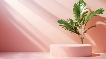 Wall Mural - pink minimalist product display with tropical plant