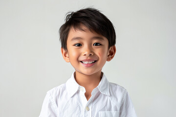 Young Asian boys in relaxed, casual clothing stand against a plain white background, showcasing their joyful innocence and individual styles.