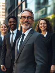 Wall Mural - A confident leader stands with purpose, his team of diverse individuals behind him, symbolizing unity and strength in a powerful, urban setting.