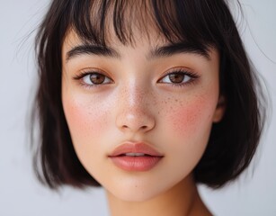 Wall Mural - A youthful Asian woman with a bob haircut smiles brightly, showcasing her natural beauty against a plain white background.