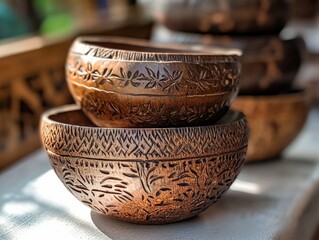 Wall Mural - Handcrafted coconut shell bowls with intricate carvings, displayed with natural lighting and earthy tones