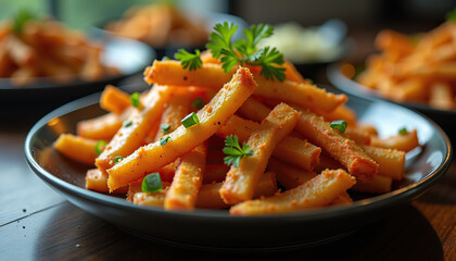 Crispy Seasoned Fries in Rustic Style with Herbs for Gourmet Appetizer