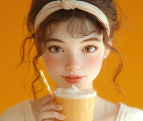 Canvas Print - A young woman enjoys a refreshing drink. AI.