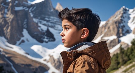 Wall Mural - Kid Hispanic boy in a mountain background brown jacket side view portrait