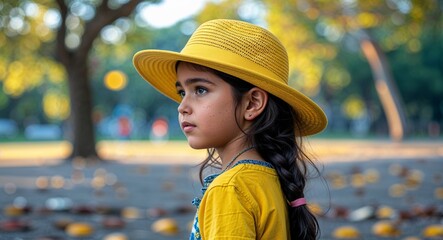 Wall Mural - Kid Hispanic girl in a park background yellow hat side view portrait