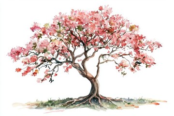 Wall Mural - A vibrant watercolor illustration of a blooming tree with pink flowers, showcasing the beauty of nature and springtime.