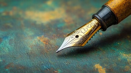 Wall Mural - Elegant fountain pen resting on textured surface with vibrant colors in the background