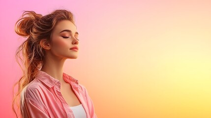 Poster - A powerful confident silhouette of a woman standing boldly against a vibrant pink and orange gradient background exuding a sense of strength and radiance with natural copy space