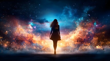 Poster - A creative and dynamic silhouette of a confident woman standing amidst a vibrant colorful burst of light effects on an abstract minimalist background with clear copy space for text or overlay