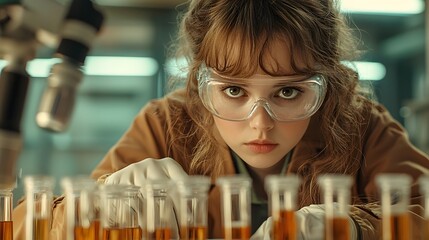 Poster - a female scientist wearing a lab coat and safety goggles carefully examining a set of test tubes in 