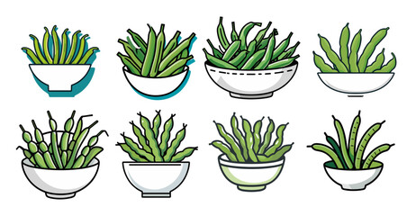 Poster - Sets icon collection of illustrations green plants in white bowls, each with unique leaf arrangements, creating a vibrant and refreshing visual