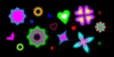 Poster - y2k neon shapes on black background - luminous hearts, flowers, stars and sparkles in vibrant colors