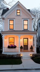 Charming Two Story Beige House with Illuminated Windows at Dusk