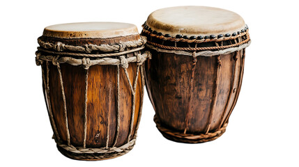 Two traditional wooden drums, side view, isolated black background.  Possible use for cultural display or music education