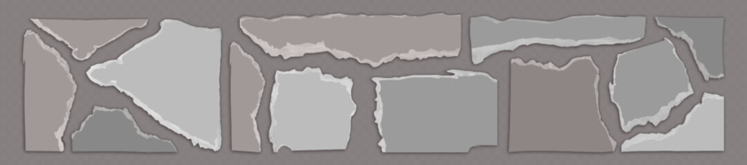 Poster - Paper cut edges set with torn irregular shapes in gray shades. Ripped rectangular fragments with layered textured borders. Collection of realistic old distressed ragged pieces with uneven boundaries.