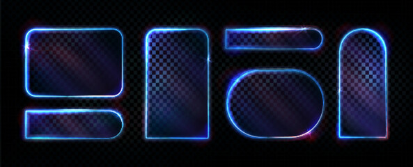Poster - Neon light frames set with glowing blue borders on transparent background. Glass effect geometric shapes - rounded rectangle, circle with luminous edges. Bright frames collection for futuristic design