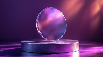 Glass disc, purple studio, neon light, product display