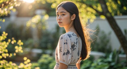 Canvas Print - Asian girl in sunlit garden background flowing dress young teen side view portrait