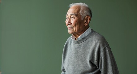 Canvas Print - Elderly Asian man in plain green background gray sweater side view portrait