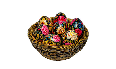 Decorated eggs in a nest, festive display, possible use for Easter card design