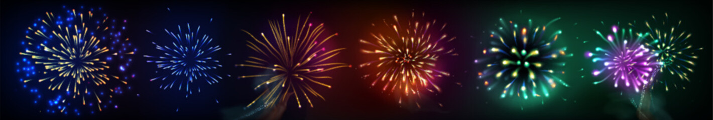 Poster - Colorful firework set with bright multicolored bursts explosive effects on dark night sky background. Illuminated pyrotechnic firecrackers with radiant sparkling pattern for festive celebration design