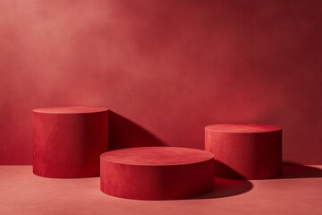 Poster - Red cylindrical podiums against red wall, studio lighting