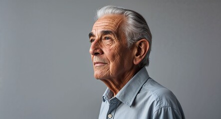 Canvas Print - Elderly Hispanic man in plain gray background light shirt side view portrait