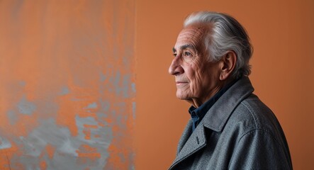 Canvas Print - Elderly Hispanic man in plain orange background gray coat side view portrait