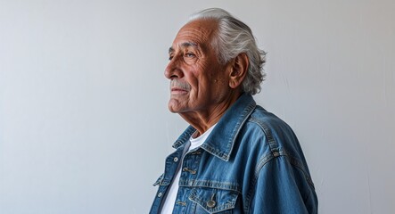 Canvas Print - Elderly Hispanic man in plain white background denim jacket side view portrait