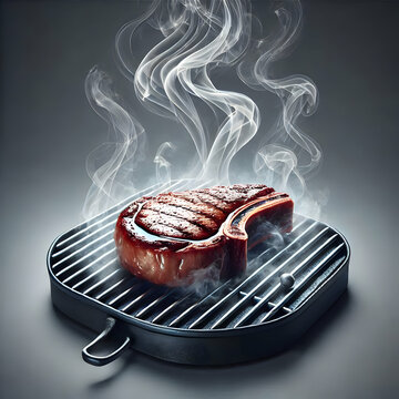 A sleek rendering of a ribeye steak sizzling on a grill, with smoke and flames subtly incorporated, set on a white background for contrast and drama.