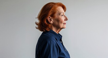 Wall Mural - Elderly redhead woman in plain white background navy shirt side view portrait