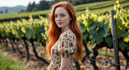 Canvas Print - Redhead girl in countryside vineyard background dress young teen side view portrait