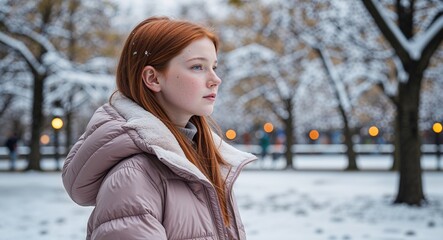 Wall Mural - Redhead girl in snow covered park background puffer jacket young teen side view portrait